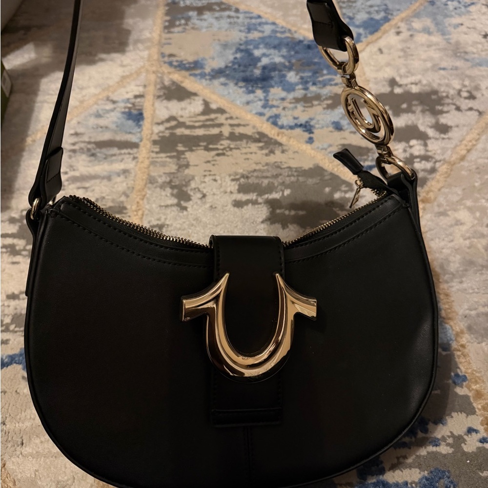True Religion Black Shoulder Bag with Gold Accents